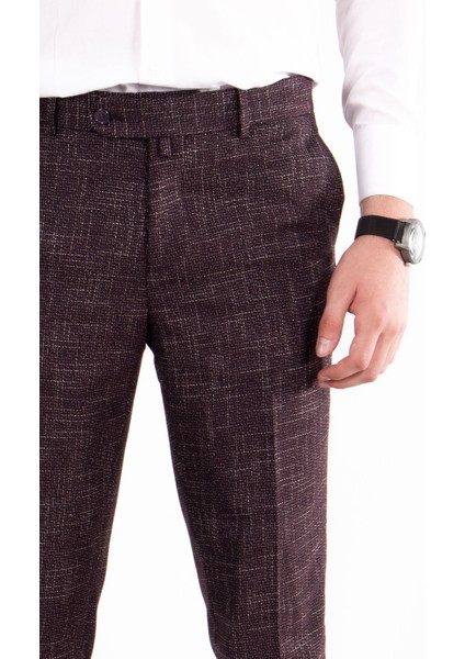 Bordo Efektli Slimfit Erkek Keten Pantolon