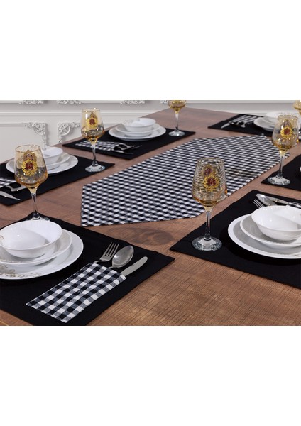Amerikan Servis Supla ve Runner Seti 6 Kişilik Siyah Ekose Desen Masa Sunum Takımı Tropikhome