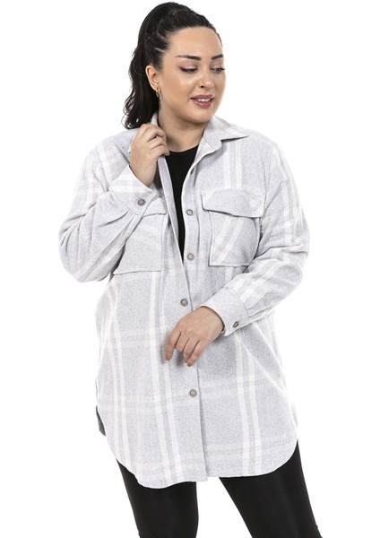 Büyük Beden Cepli Yanları Yırtmaçlı Ekoseli Gri Ceket Gömlek