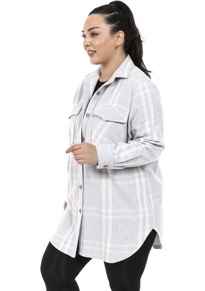 Büyük Beden Cepli Yanları Yırtmaçlı Ekoseli Gri Ceket Gömlek fırsatları