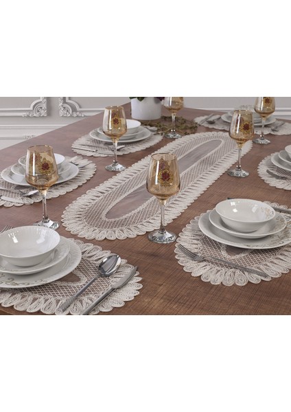 Amerikan Servis Supla ve Runner Seti 6 Kişilik Nakışlı Vivien Kırık Beyaz 7 Parça Masa Sunum Takımı