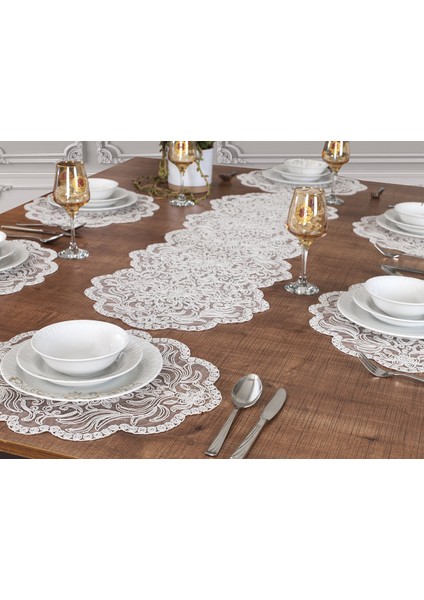 Amerikan Servis Nakışlı Supla ve Runner Seti 6 Kişilik Valeria Set Kırık Beyaz Masa ve Sunum Takımı