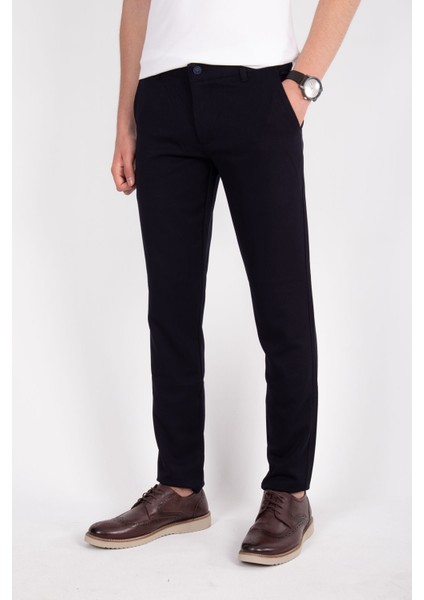 Lacivert Slim Fit Likralı Erkek Keten Pantolon