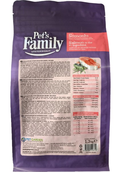 Pets Family Premium Somonlu Kısırlaştırılmış Yetişkin Kedi Maması 1.300 G