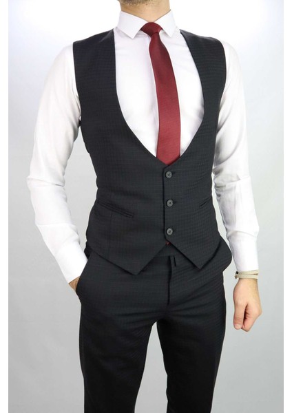 Altınyıldız Siyah Slim Fit Yelekli Erkek Takım Elbise