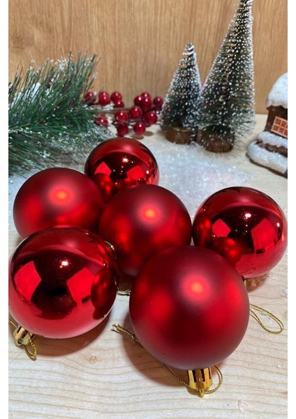 Yılbaşı Ağacı Kırmızı Parlak Top Süs 6 cm 6 Adet