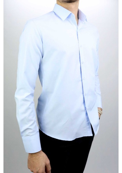 Açık Mavi Düz Slim Fit Erkek Gömlek