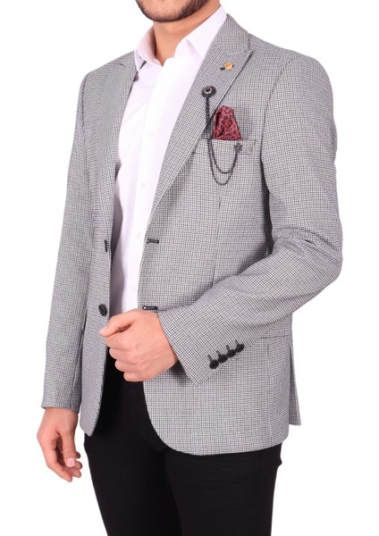 Siyah Desenli Slim Fit Erkek Tek Ceket