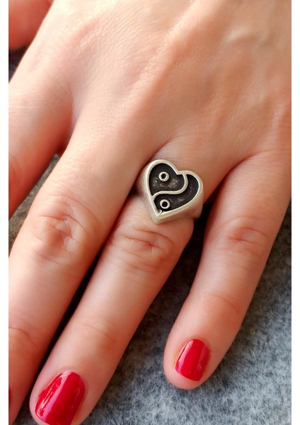 Antik Gümüş Kaplama Yin Yang Kalp Şekilli El Yapımı Ayarlanabilir Yüzük