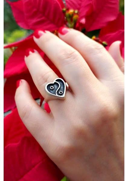 Antik Gümüş Kaplama Yin Yang Kalp Şekilli El Yapımı Ayarlanabilir Yüzük fiyatları