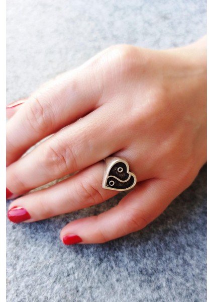 Antik Gümüş Kaplama Yin Yang Kalp Şekilli El Yapımı Ayarlanabilir Yüzük modelleri