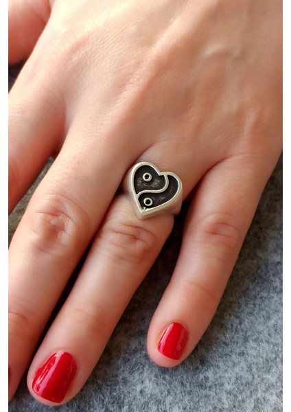 Antik Gümüş Kaplama Yin Yang Kalp Şekilli El Yapımı Ayarlanabilir Yüzük fırsatları