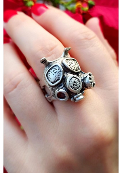 Antik Gümüş Kaplama Gaz Maskesi Şekilli El Yapımı Ayarlanabilir Yüzük