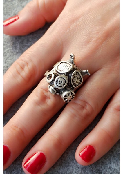 Antik Gümüş Kaplama Gaz Maskesi Şekilli El Yapımı Ayarlanabilir Yüzük fiyatları