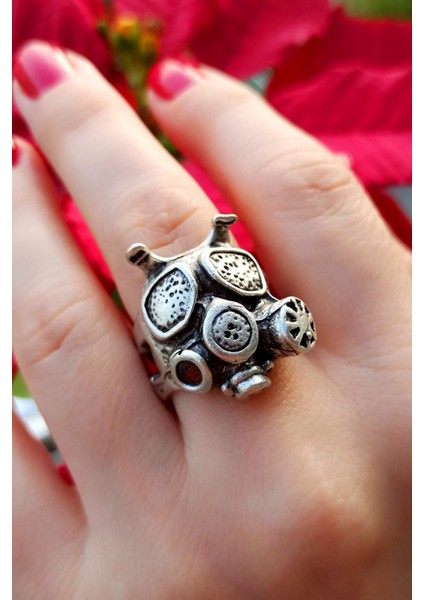 Antik Gümüş Kaplama Gaz Maskesi Şekilli El Yapımı Ayarlanabilir Yüzük modelleri