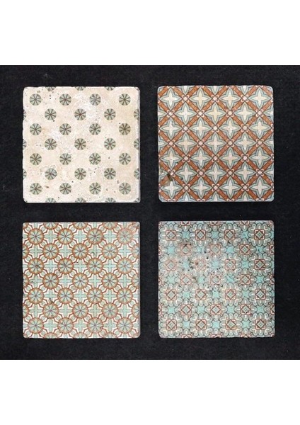 4'lü Turkuaz Kahverengi Desenli Traverten Taş Bardak Altlığı