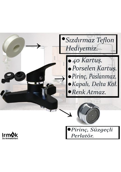 Irmak Siyah Banyo, Lavabo, Mutfak Bataryaları Musluk Armatür Robot Duş Aksesuar Lavabo Duş Takımı