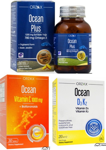 Ocean 1200MG Balık Yağı + 1000MG C Vitamini + D3K2 Vitamini Damla Avantaj Paketi