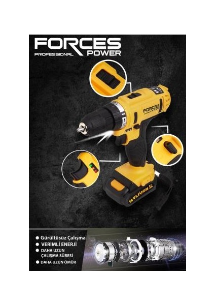 Forces Power Germany Master Drill 58 V 8 Ah Lityum Li-On Çift Akülü Bakır Sargılı Metal Şanzıman Vidalama Matkap