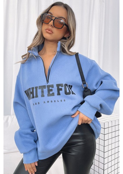 Mad Girls Indigo Fermuar Detaylı Sweatshirt MG1246