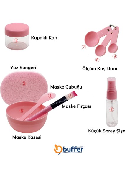 Buffer Kendin Yap Maske Hazırlama Seti 9 Parça + Peeling Maske ve Krem Spatula 2li