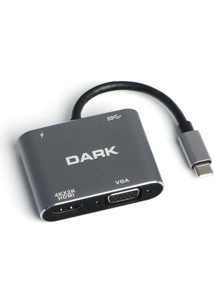 USB 3.1 Type-C' to 4K Ultra HD 1080p Hdmi/VGA/Pd Şarj/Usb 3.0 4in1 Çevirici Hub Adaptör (DK-AC-U31XHDV)