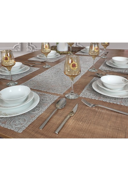 Tropikhome Amerikan Servis Supla ve Runner Seti 6 Kişilik Set Victoria Gri 7 Parça