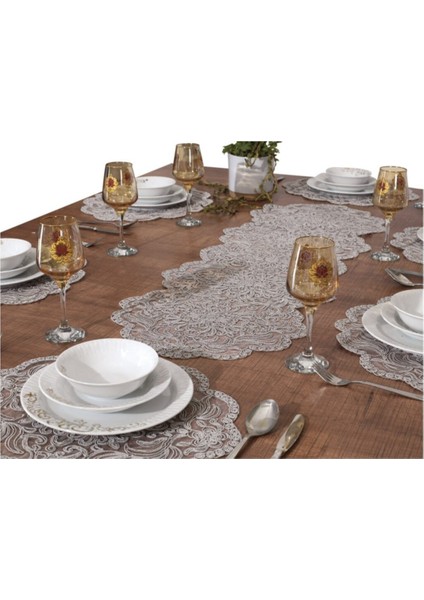 Amerikan Servis Valeria Parlak Gri Renkli Supla ve Runner 6 Kişilik Set Masa ve Salon Takımı