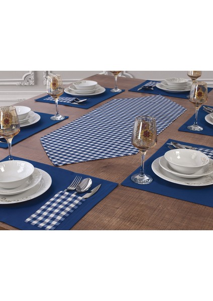 Amerikan Servis Ekose Mavi 6'lı Supla ve Runner Set ve 6 Adet Pamuklu Mavi Kare Sandalye Minder