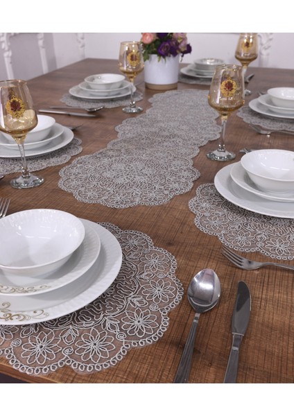 Amerikan Servis Vincent Gri Renkli Supla ve Runner 6 Kişilik Seti Masa ve Salon Sunum Takımı