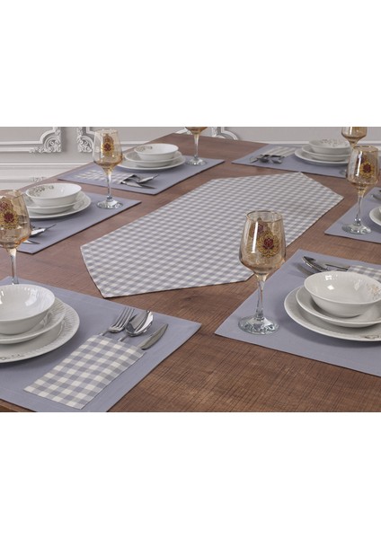 Amerikan Servis Supla ve Runner Seti 12 Kişilik Set Gri Ekose Desen Salon ve Masa Sunum Takımı