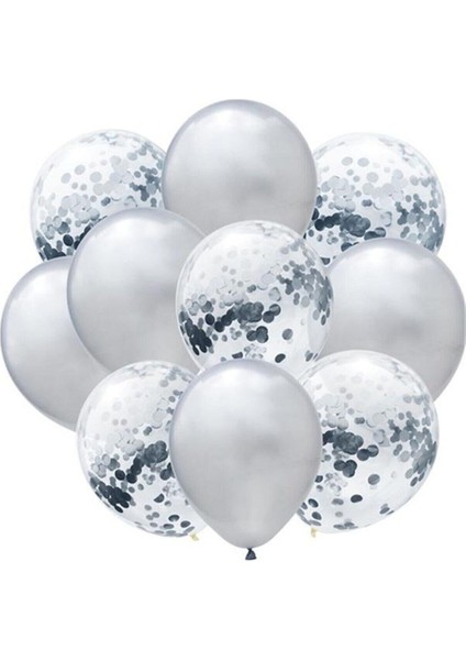 Gümüş Konfetili Şeffaf Metalik Gümüş Balon Seti 20 Adet