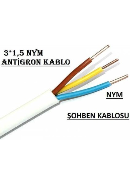 3x1.5 Nym Antigron Topraklı Kablo Tam Bakır Kablo Full Bakır Kablo=(30 Metre