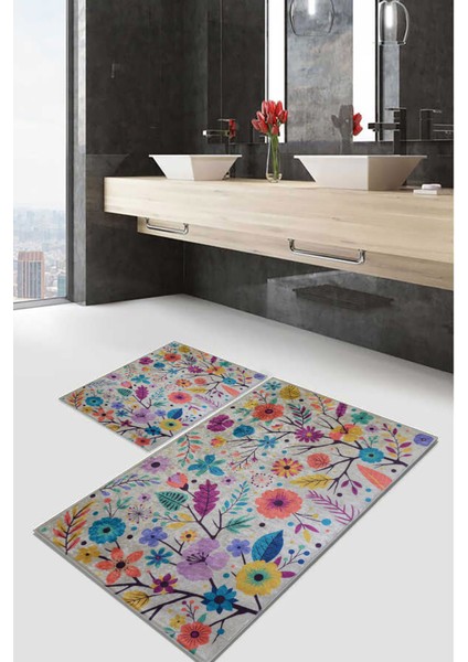 Dijital Baskı Kaymaz Taban Çiçek Bahçesi Des. Krem Banyo Paspası (40X60)(60X100) Ikili Takım DC-819