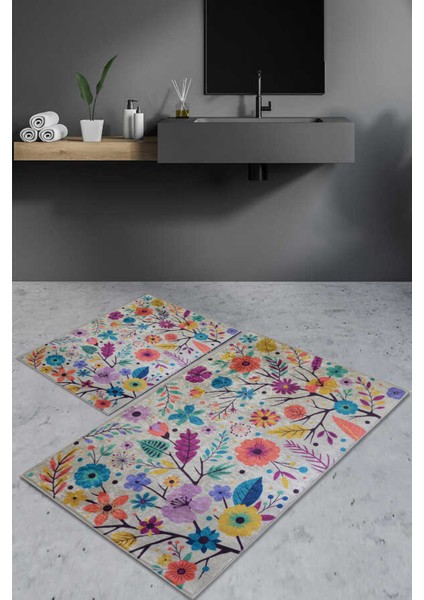 Dijital Baskı Kaymaz Taban Çiçek Bahçesi Des. Krem Banyo Paspası (40X60)(60X100) Ikili Takım DC-819