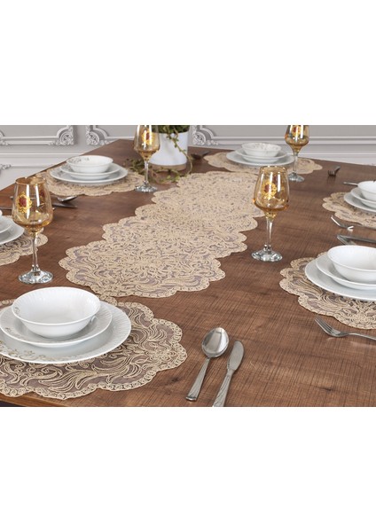 Amerikan Servis 12 Kişilik Supla ve Runner Set Bej Renk 13 Parça Set Masa ve Sunum Takımı Tropikhome