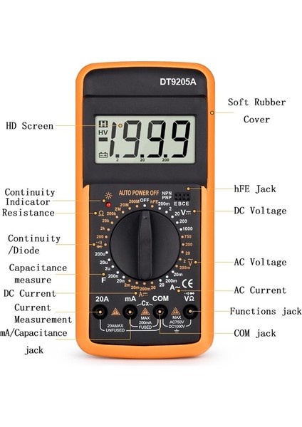 Profesyonel Multimetre Dijital DT9205A Manuel Test Cihazı Hfe Kapasite Ac Dc 1000V 20A Gerilim Ölçer Transistör Test Cihazı