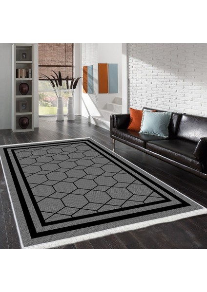 Bazaarforum Dekoratif Saçaklı Mermer Desen Yeni Model Pvc Deri Kaymaz Taban Dijital Baskı Halı 80X300 cm CK-533