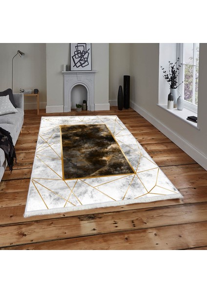 Bazaarforum Dekoratif Saçaklı Mermer Desen Yeni Model Pvc Deri Kaymaz Taban Dijital Baskı Halı 80X140CM CK-548