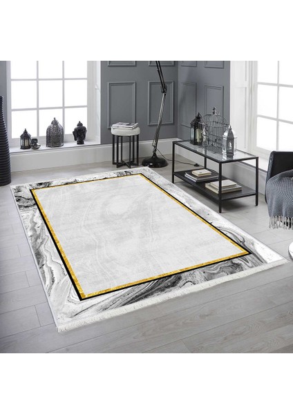 Bazaarforum Dekoratif Saçaklı Mermer Desen Yeni Model Pvc Deri Kaymaz Taban Dijital Baskı Halı 130X180CM CK-571