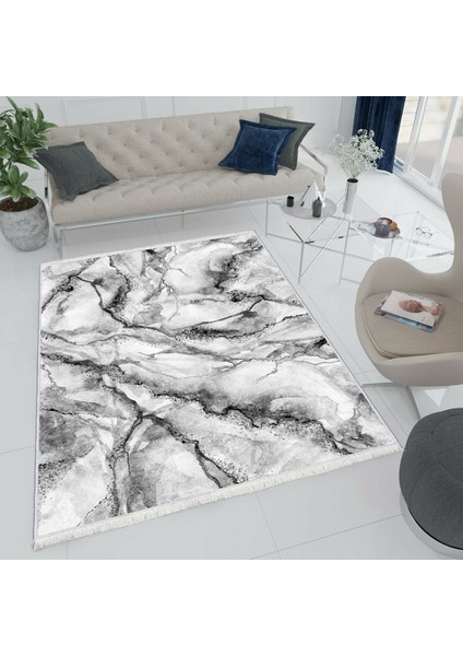Bazaarforum Dekoratif Saçaklı Mermer Desen Yeni Model Pvc Deri Kaymaz Taban Dijital Baskı Halı 160X230CM CK-636