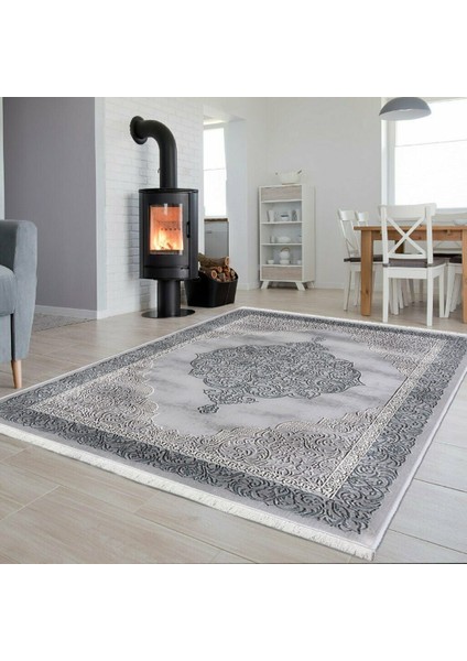 Bazaarforum Dekoratif Saçaklı Mermer Desen Yeni Model Pvc Deri Kaymaz Taban Dijital Baskı Halı 100X140 cm CK-633