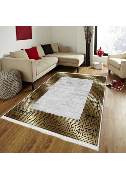 Bazaarforum Dekoratif Saçaklı Mermer Desen Yeni Model Pvc Deri Kaymaz Taban Dijital Baskı Halı 180X280CM CK-637