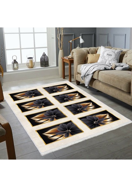Bazaarforum Dekoratif Saçaklı Mermer Desen Yeni Model Pvc Deri Kaymaz Taban Dijital Baskı Halı 100X140 cm CK-664