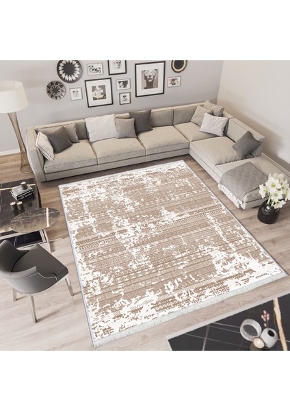 Bazaarforum Dekoratif Saçaklı Mermer Desen Yeni Model Pvc Deri Kaymaz Taban Dijital Baskı Halı 80X300 cm CK-668
