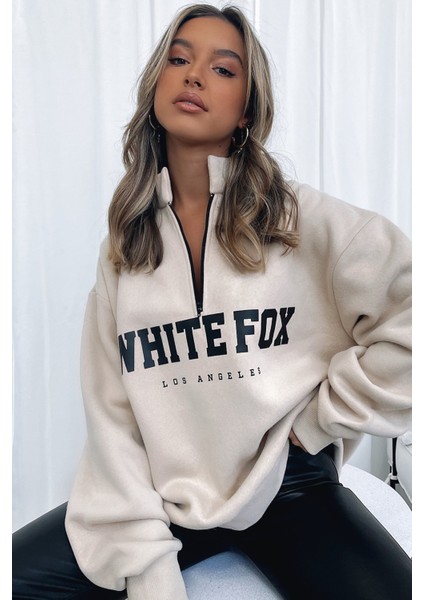 Kadın Bej Kapüşonlu Sweatshirt Grafik Desenli Fermuar Detaylı Rahat Kesim