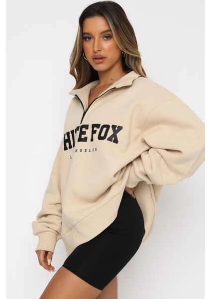 Kadın Bej Kapüşonlu Sweatshirt Grafik Desenli Fermuar Detaylı Rahat Kesim fiyatları