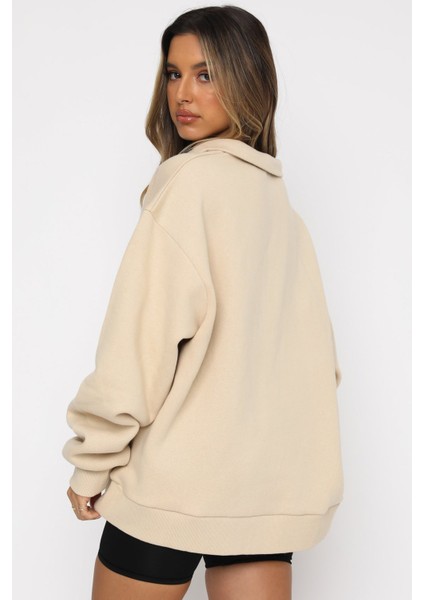 Kadın Bej Kapüşonlu Sweatshirt Grafik Desenli Fermuar Detaylı Rahat Kesim modelleri