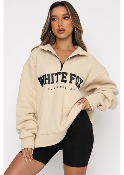 Kadın Bej Kapüşonlu Sweatshirt Grafik Desenli Fermuar Detaylı Rahat Kesim fırsatları