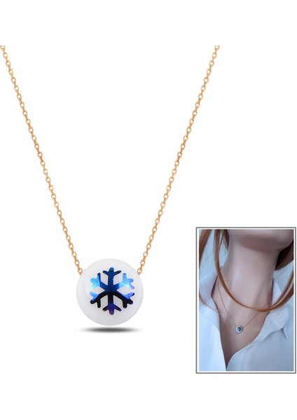 Rose Porselen Mavi Sırlı Kar Tanesi Küre Kolye
